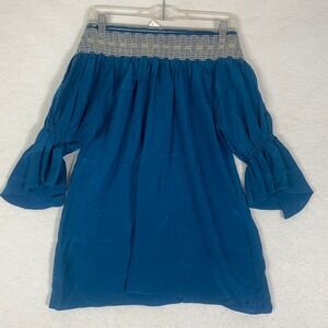 Seven Fold Teal Blue Silk Bell Sleeve Smocked Off The Shoulder Top Meduim